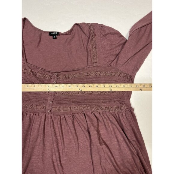 Torrid Top Womens 4x Purple Mauve Babydoll Top Lace Long Sleeve Boho Whimsical - Picture 9 of 11